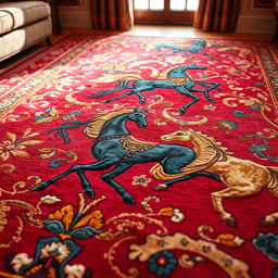 A beautifully designed carpet featuring intricate horse patterns