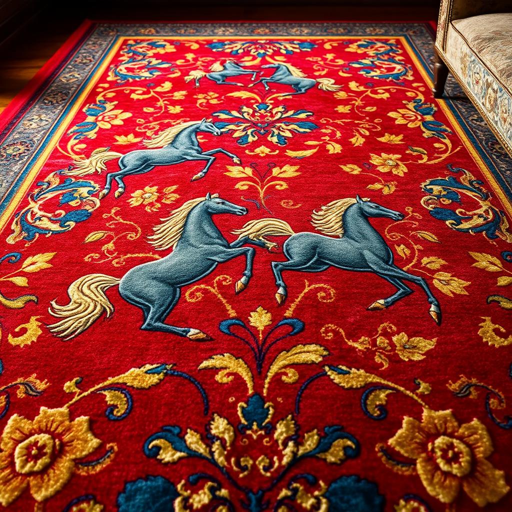 A beautifully designed carpet featuring intricate horse patterns