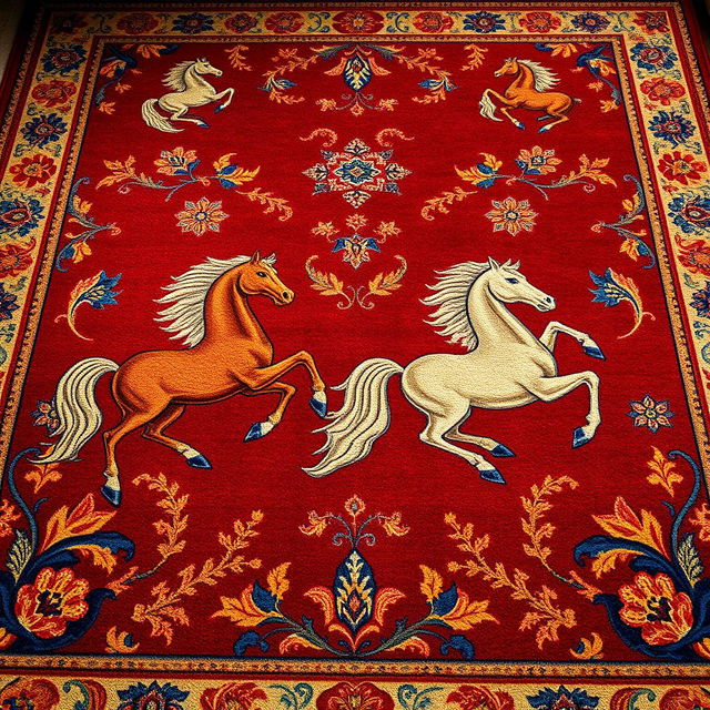 A beautifully designed carpet featuring intricate horse patterns