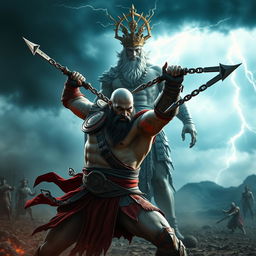 A powerful warrior inspired by Kratos, depicted in a dynamic pose, swinging his iconic chained blades with swords at the ends, showcasing his muscular physique and fierce determination