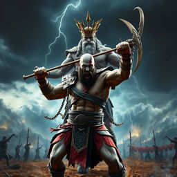 A powerful warrior inspired by Kratos, depicted in a dynamic pose, swinging his iconic chained blades with swords at the ends, showcasing his muscular physique and fierce determination
