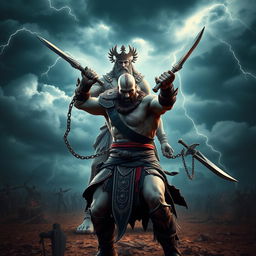 A powerful warrior inspired by Kratos, depicted in a dynamic pose, swinging his iconic chained blades with swords at the ends, showcasing his muscular physique and fierce determination