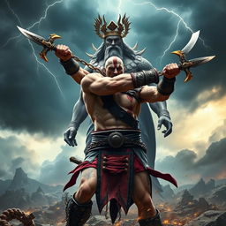 A powerful warrior inspired by Kratos, depicted in a dynamic pose, swinging his iconic chained blades with swords at the ends, showcasing his muscular physique and fierce determination