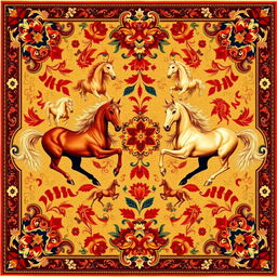 A beautifully intricate carpet design featuring multiple horses, their graceful forms and flowing manes depicted in rich, vibrant colors