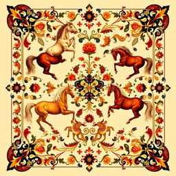 A beautifully intricate carpet design featuring multiple horses, their graceful forms and flowing manes depicted in rich, vibrant colors