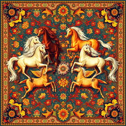 A beautifully intricate carpet design featuring multiple horses, their graceful forms and flowing manes depicted in rich, vibrant colors