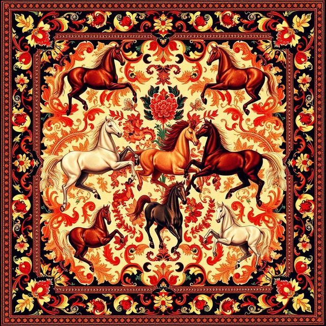 A beautifully intricate carpet design featuring multiple horses, their graceful forms and flowing manes depicted in rich, vibrant colors