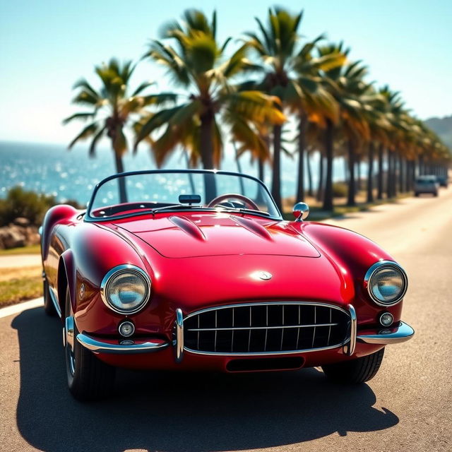 A sleek and stylish sports car from the 1950s, featuring a glossy cherry-red exterior, chrome accents, and a classic design with smooth curves