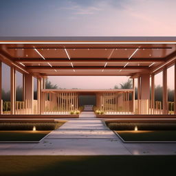 A 3D illustration of a lavish marriage hall, optimized for a 45ft wide by 250ft long land, including a well-thought-out parking area. The design should reflect a stylish interior, versatile seating, and space for a stage.