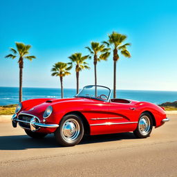 A sleek and stylish sports car from the 1950s, featuring a glossy cherry-red exterior, chrome accents, and a classic design with smooth curves