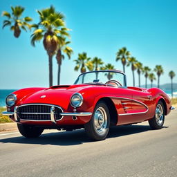 A sleek and stylish sports car from the 1950s, featuring a glossy cherry-red exterior, chrome accents, and a classic design with smooth curves