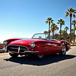 A sleek and stylish sports car from the 1950s, featuring a glossy cherry-red exterior, chrome accents, and a classic design with smooth curves