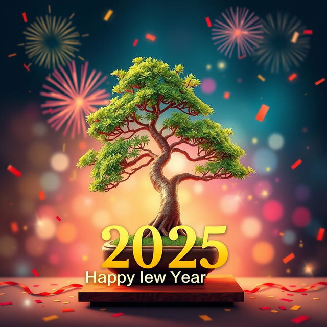 A vibrant and festive New Year 2025 greeting card design for "বনসাই নিয়ে কথা", prominently featuring a beautiful and meticulously styled Bonsai tree as the central image