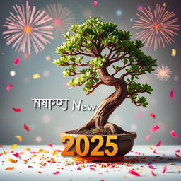 A vibrant and festive New Year 2025 greeting card design for "বনসাই নিয়ে কথা", prominently featuring a beautiful and meticulously styled Bonsai tree as the central image