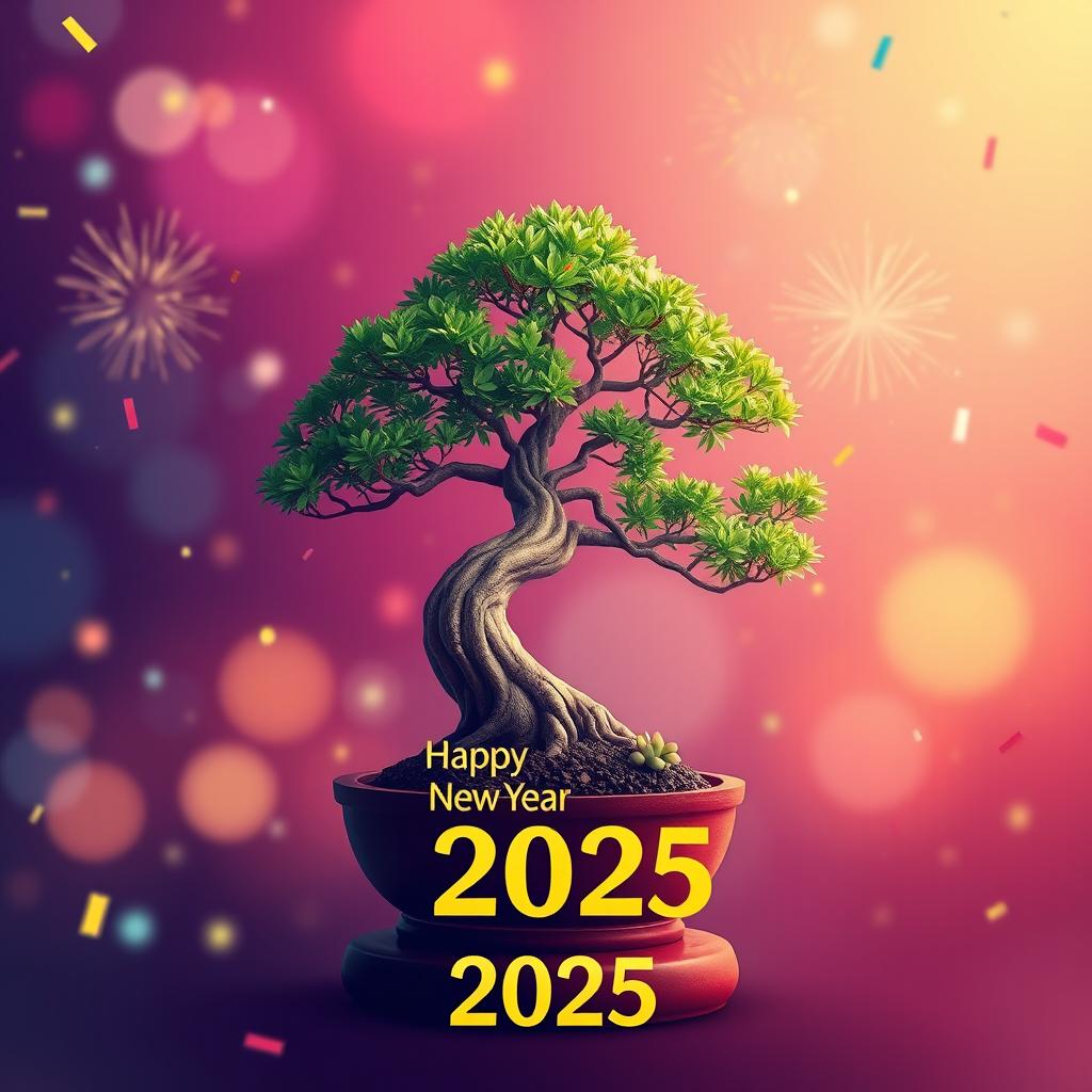 A vibrant and festive New Year 2025 greeting card design for "বনসাই নিয়ে কথা", prominently featuring a beautiful and meticulously styled Bonsai tree as the central image