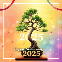 A vibrant and festive New Year 2025 greeting card design for "বনসাই নিয়ে কথা", prominently featuring a beautiful and meticulously styled Bonsai tree as the central image