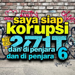 A bold and striking graphic featuring the phrase "saya siap korupsi 271T dan di penjara 6" in a modern, urban street art style