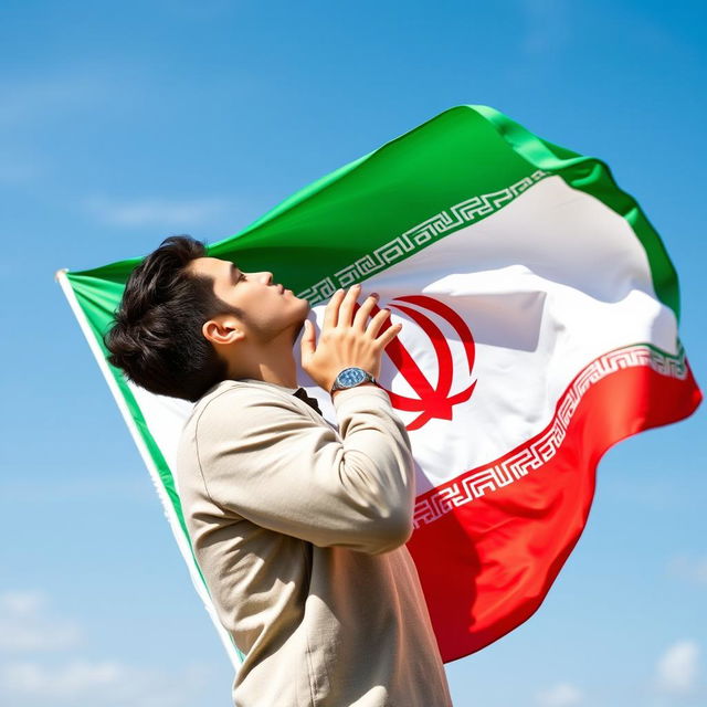 A person passionately kissing the Iranian flag, showcasing vibrant colors and intricate patterns