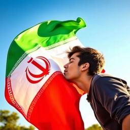 A person passionately kissing the Iranian flag, showcasing vibrant colors and intricate patterns