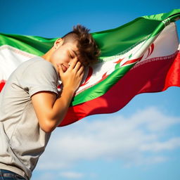 A person passionately kissing the Iranian flag, showcasing vibrant colors and intricate patterns