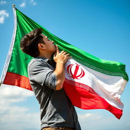 A person passionately kissing the Iranian flag, showcasing vibrant colors and intricate patterns
