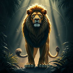 A powerful lion symbolizing success, with a striking presence, surrounded by an aura of discipline