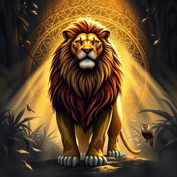 A powerful lion symbolizing success, with a striking presence, surrounded by an aura of discipline