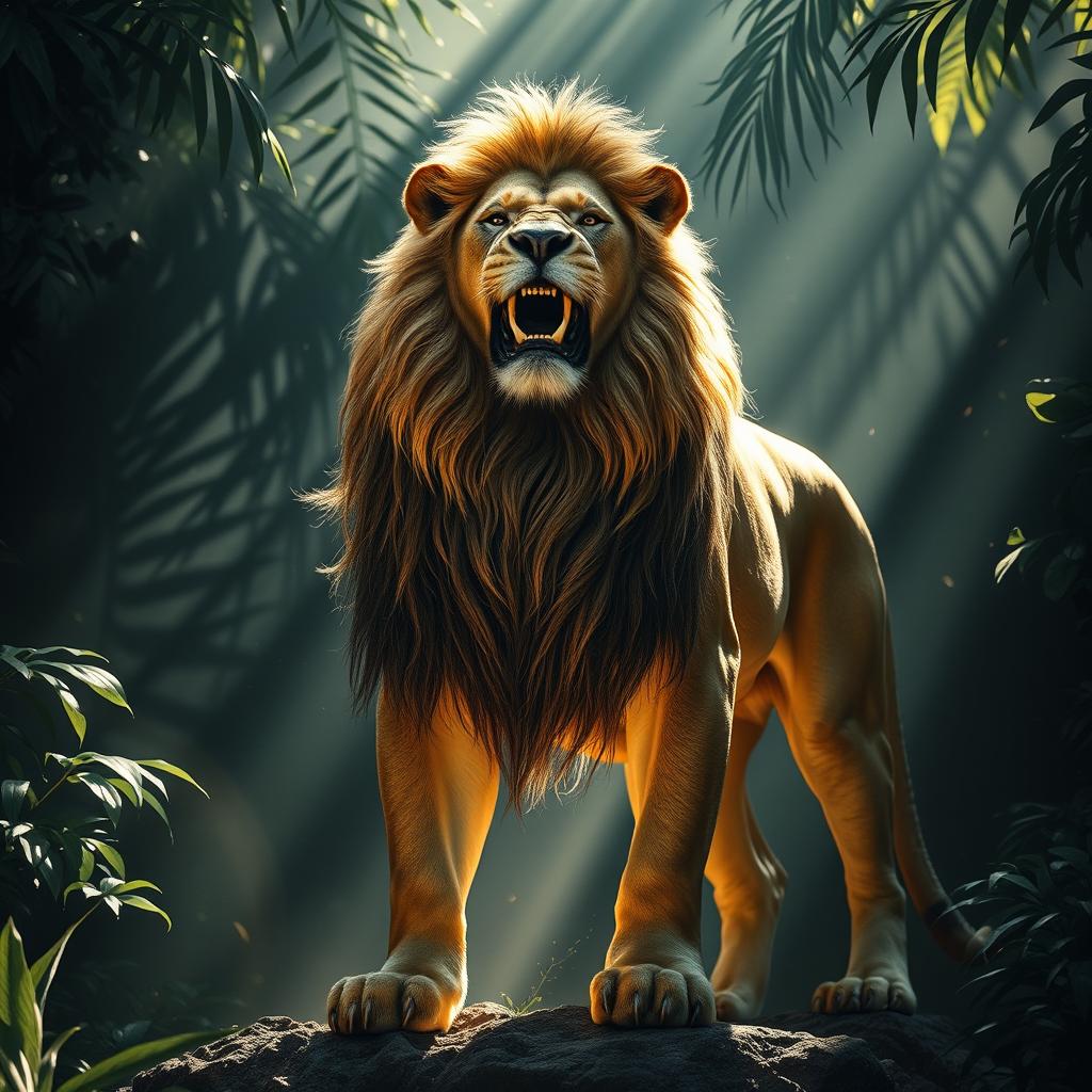 A powerful lion symbolizing success, with a striking presence, surrounded by an aura of discipline