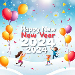A festive and colorful New Year greeting card designed for the company Eg Kids, featuring playful and cheerful elements