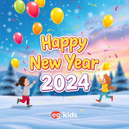 A festive and colorful New Year greeting card designed for the company Eg Kids, featuring playful and cheerful elements