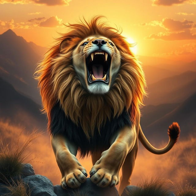 A powerful lion roaring in a dynamic pose, representing a drive for success and strength