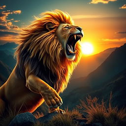 A powerful lion roaring in a dynamic pose, representing a drive for success and strength