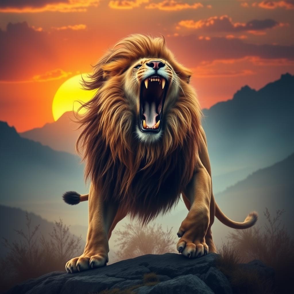 A powerful lion roaring in a dynamic pose, representing a drive for success and strength