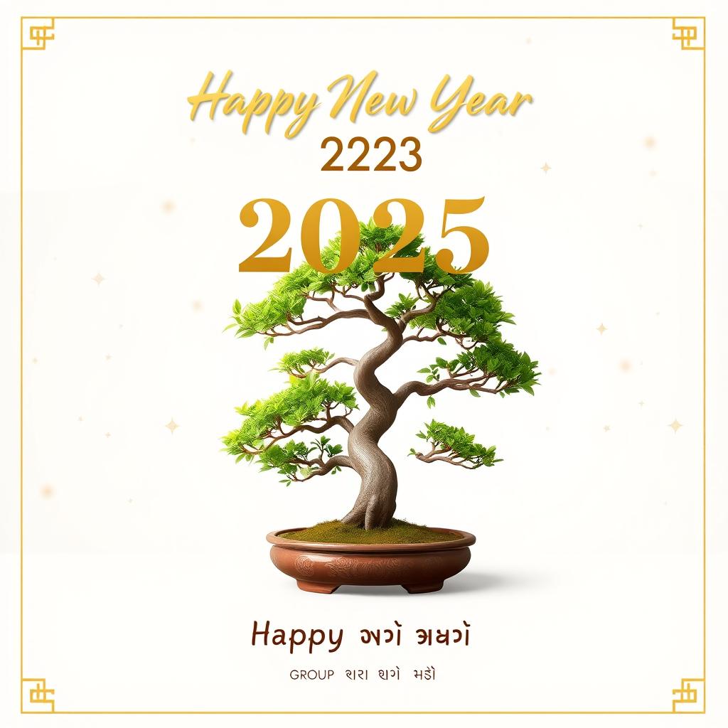 A festive Happy New Year 2025 greeting card design featuring a beautifully arranged bonsai tree at the center