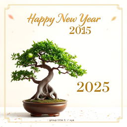 A festive Happy New Year 2025 greeting card design featuring a beautifully arranged bonsai tree at the center