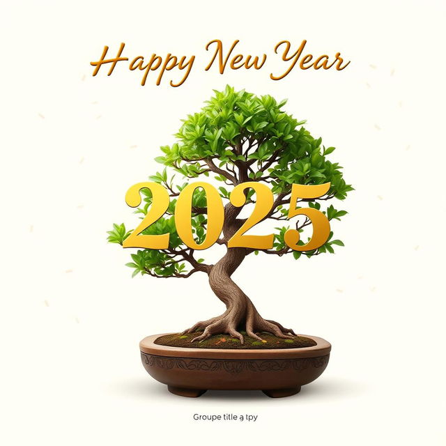 A festive Happy New Year 2025 greeting card design featuring a beautifully arranged bonsai tree at the center