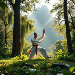 A serene scene depicting a disciplined Chinese martial artist practicing in a lush jungle setting near a mountain