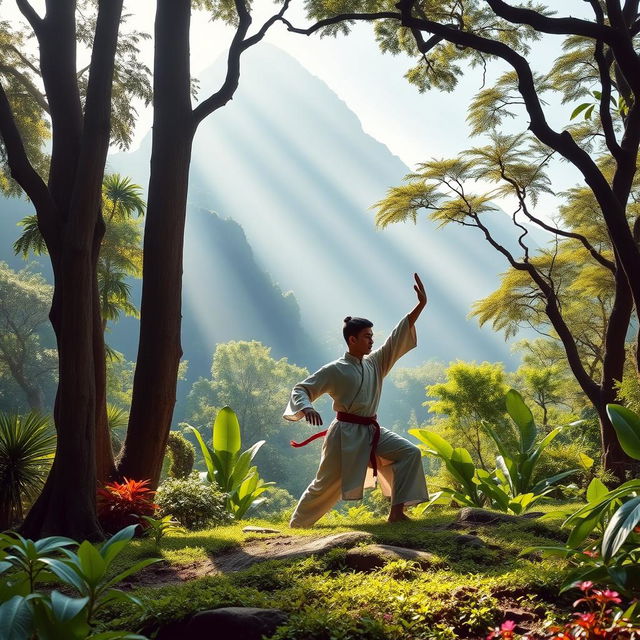 A serene scene depicting a disciplined Chinese martial artist practicing in a lush jungle setting near a mountain