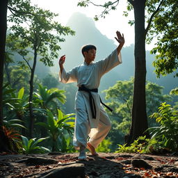 A serene scene depicting a disciplined Chinese martial artist practicing in a lush jungle setting near a mountain