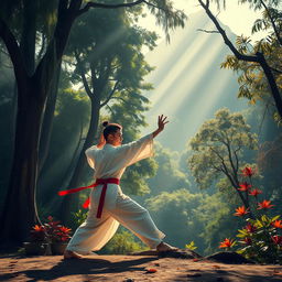 A serene scene depicting a disciplined Chinese martial artist practicing in a lush jungle setting near a mountain