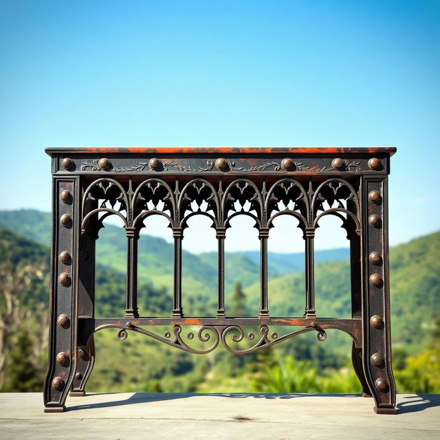 A beautifully designed metal console featuring intricate details inspired by the iconic Vresk Bridge in Iran