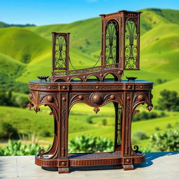 A beautifully designed metal console featuring intricate details inspired by the iconic Vresk Bridge in Iran