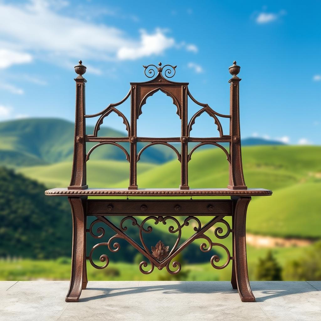 A beautifully designed metal console featuring intricate details inspired by the iconic Vresk Bridge in Iran