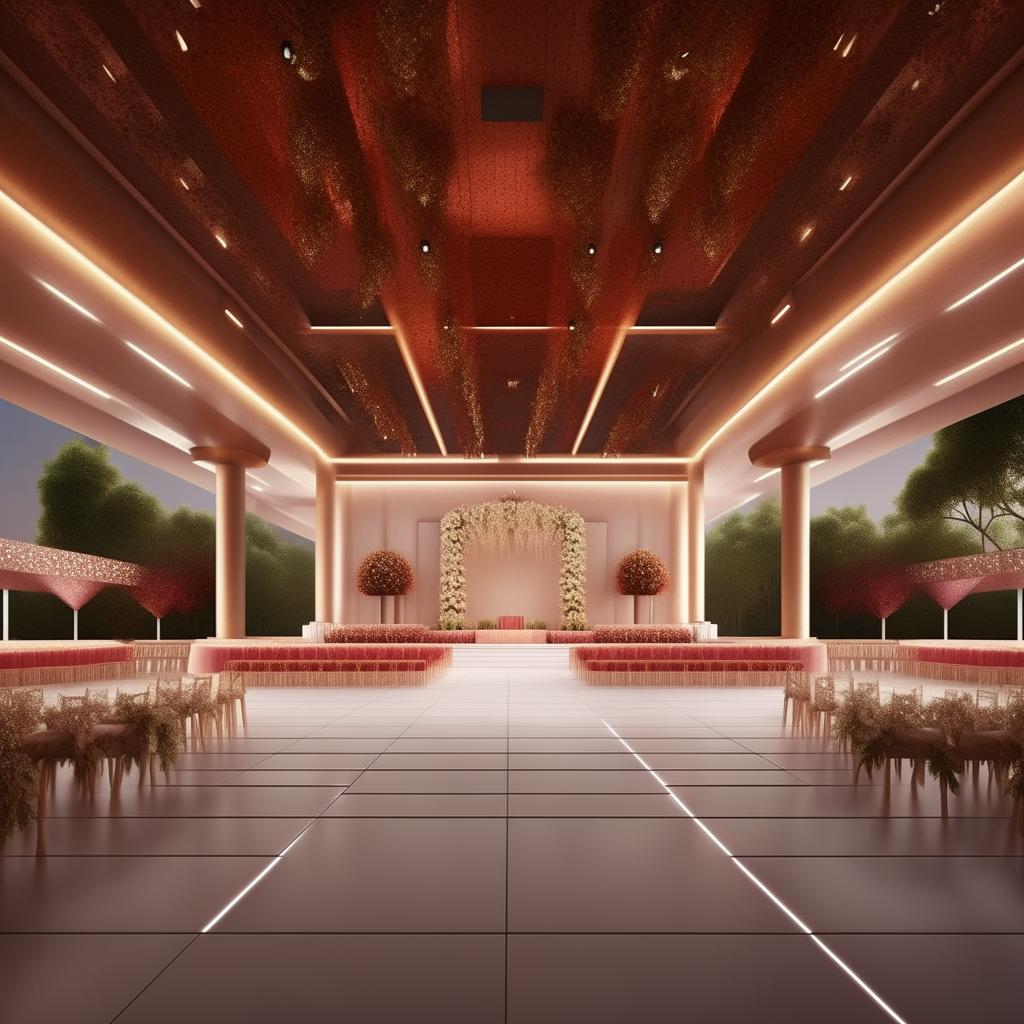 A 3D illustration of a lavish marriage hall, optimized for a 45ft wide by 250ft long land, including a well-thought-out parking area. The design should reflect a stylish interior, versatile seating, and space for a stage.