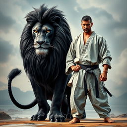 A powerful black lion standing majestically next to a disciplined man, both embodying strength and determination