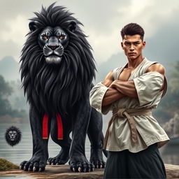 A powerful black lion standing majestically next to a disciplined man, both embodying strength and determination