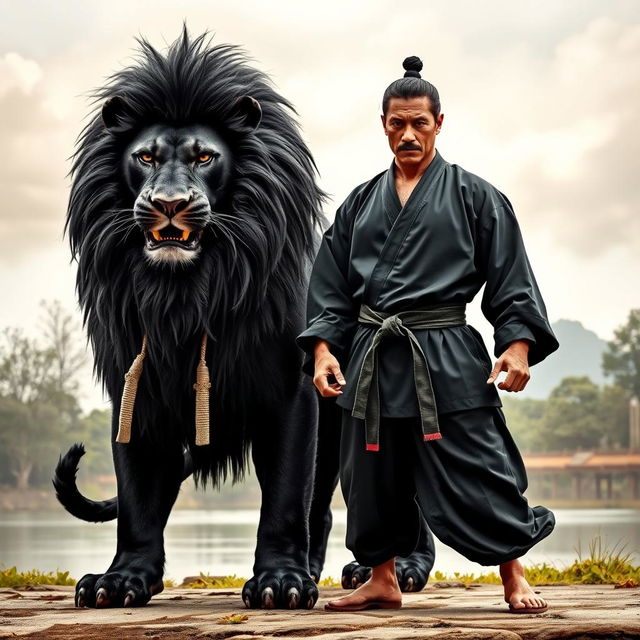 A powerful black lion standing majestically next to a disciplined man, both embodying strength and determination