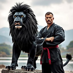 A powerful black lion standing majestically next to a disciplined man, both embodying strength and determination
