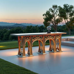 A metallic console beautifully designed to resemble the iconic Vresk Bridge in Iran