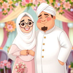 A joyful cartoon couple on their wedding day, the bride in a white burka and hijab, wearing round glasses, showcasing a cute smile, with light brown skin tone